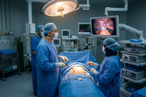 Laparoscopic surgeon performing minimally invasive keyhole surgery in a modern hospital in Lahore using advanced medical equipment