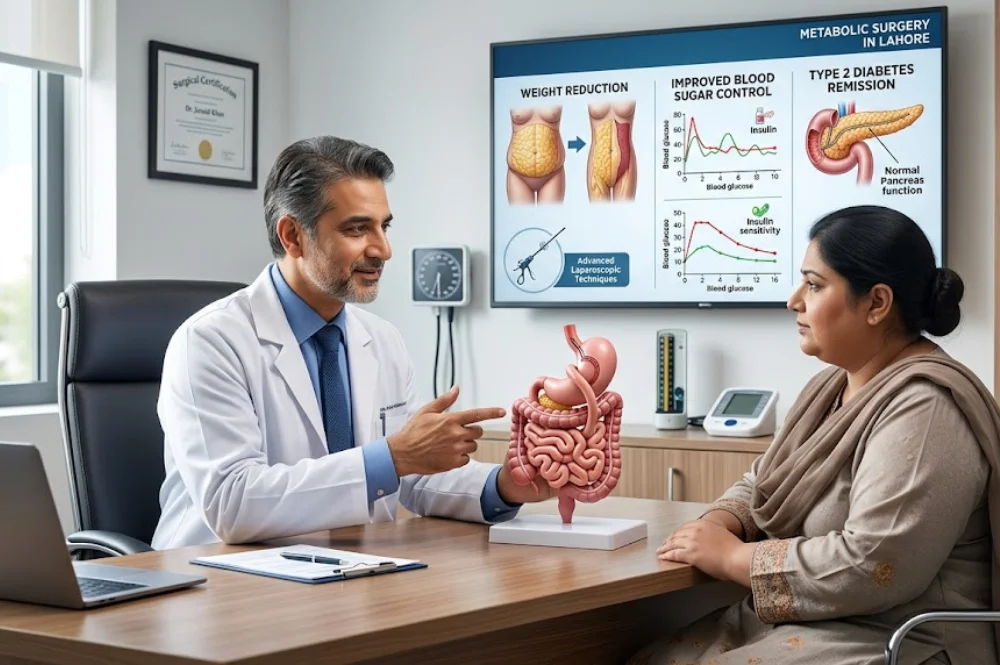 Bariatric surgeon explaining metabolic surgery and diabetes treatment options to a patient in a modern hospital in Lahore