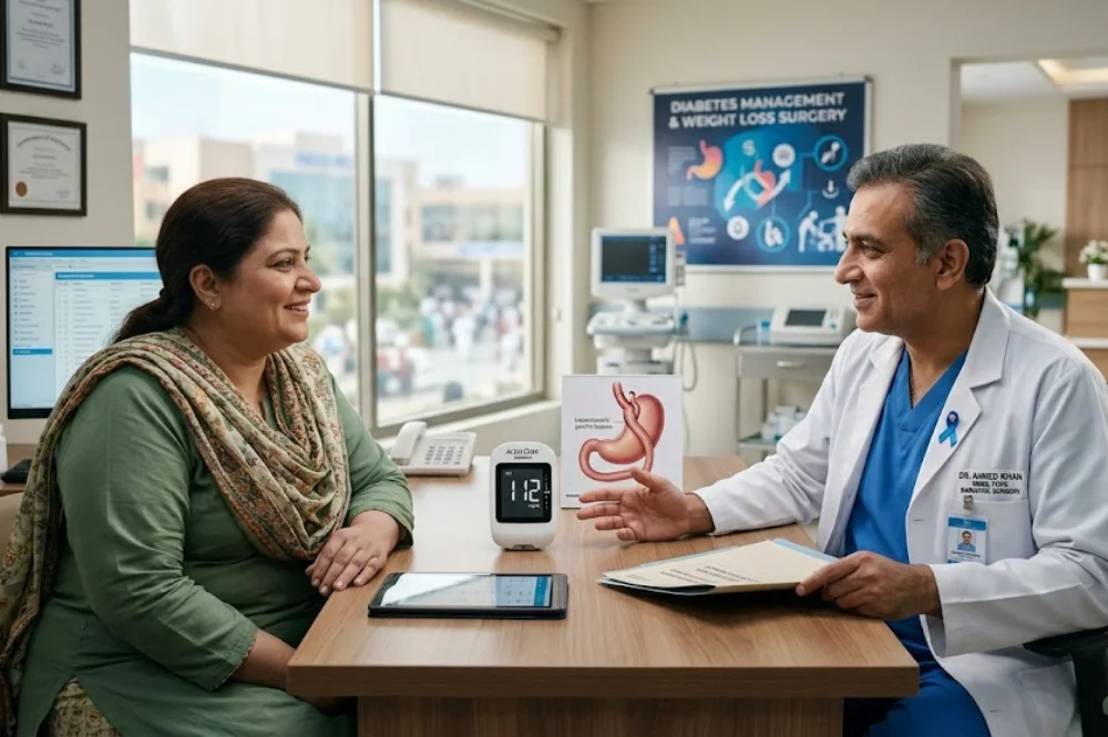 Bariatric surgeon consulting an overweight diabetic patient in a modern Pakistani hospital, highlighting the role of weight loss surgery in improving blood sugar control and diabetes remission.