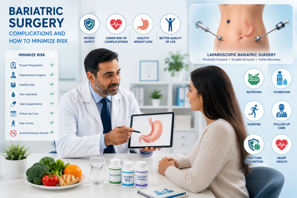 Bariatric surgeon explaining safe weight loss surgery and recovery to a patient.
