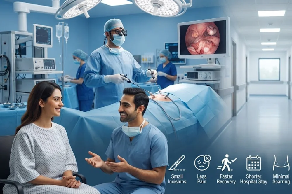 Laparoscopic surgeon performing minimally invasive surgery in a modern hospital.