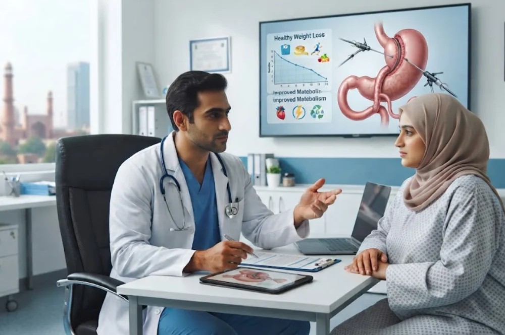 Laparoscopic surgeon consulting a patient about mini gastric bypass surgery in Lahore.