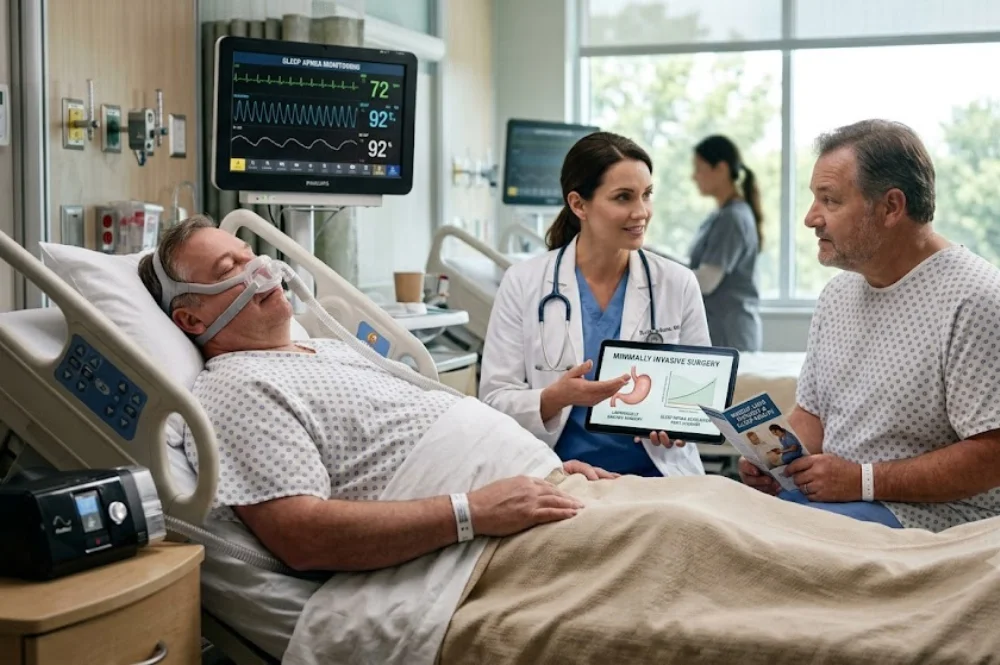 Sleep apnea and obesity treatment through bariatric surgery showing improved breathing, weight loss, and better sleep quality