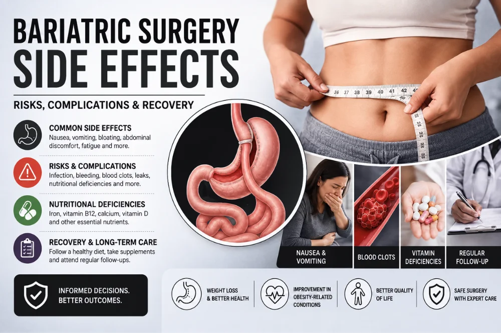 Bariatric surgery side effects and risks infographic.