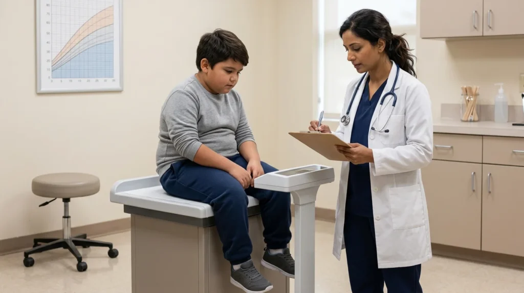 A doctor reviewing BMI chart with overweight child during clinic checkup