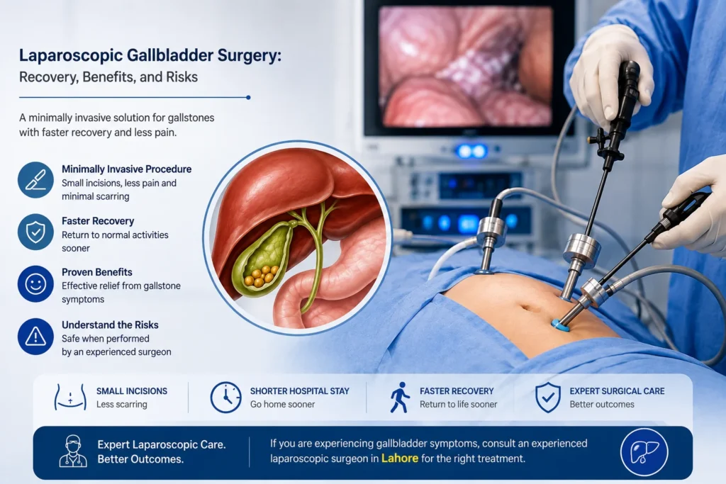 Laparoscopic gallbladder surgery with gallbladder anatomy, small incisions, and recovery benefits.