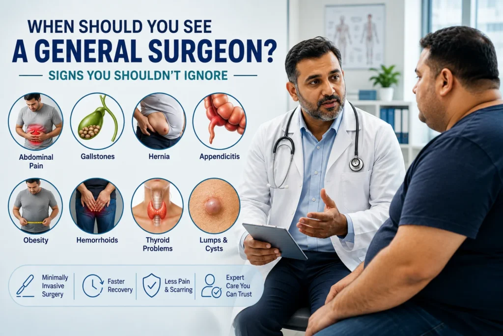 General surgeon consulting a patient with illustrations of common surgical conditions including gallstones, hernia, appendicitis, obesity, thyroid disorders, and laparoscopic surgery.