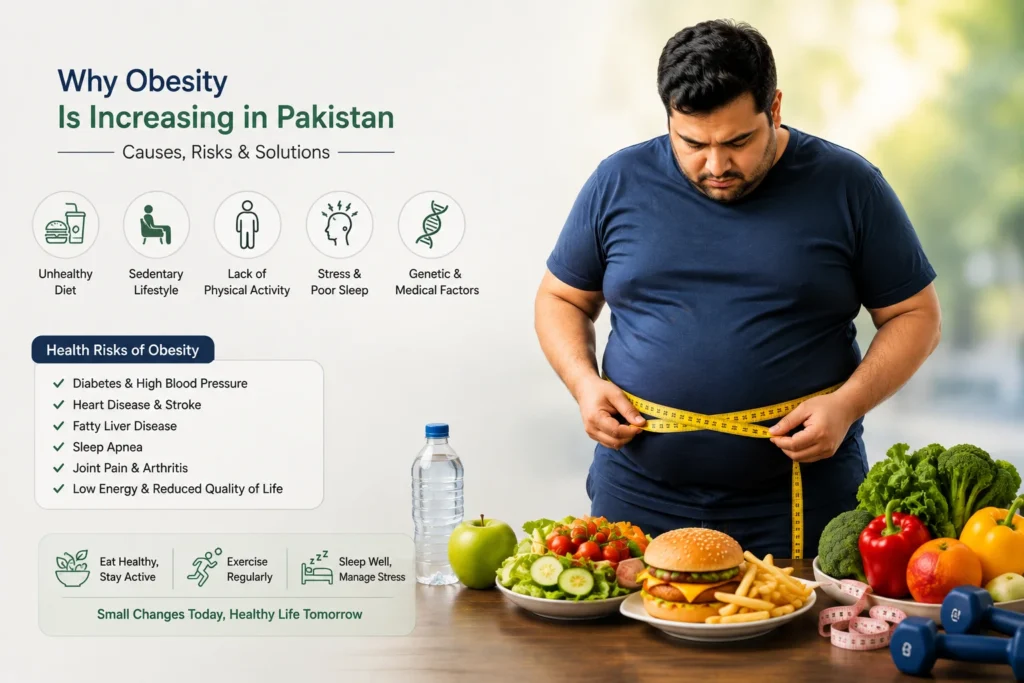 Overweight man measuring his waist with healthy and unhealthy foods, illustrating why obesity is increasing in Pakistan.