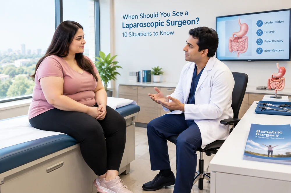 Obese female patient consulting a laparoscopic surgeon