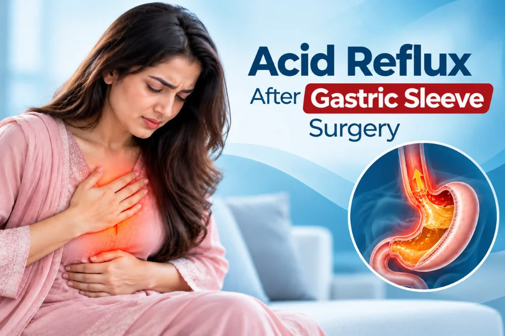 Woman experiencing acid reflux after gastric sleeve surgery, with an illustration showing stomach acid flowing into the esophagus.